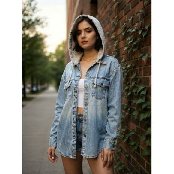 H&M Divided Denim Hooded Button-Up Shirt Jacket S Light Blue & Gray - Picture 1 of 7